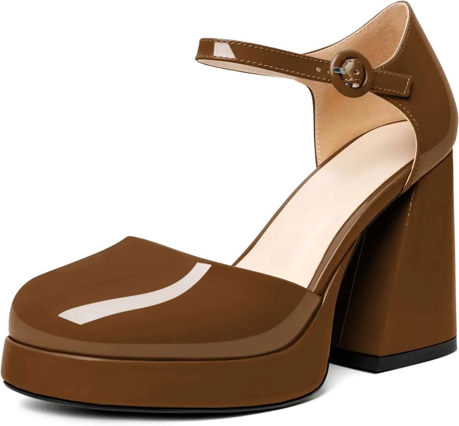 Soireelady Womens Chunky Platform Heels, Mary Jane Shoes Block Heel Pumps, High Heel Square Closed Toe Heels Ankle Strap Dress Shoes Comfort Fashion 4 Inches