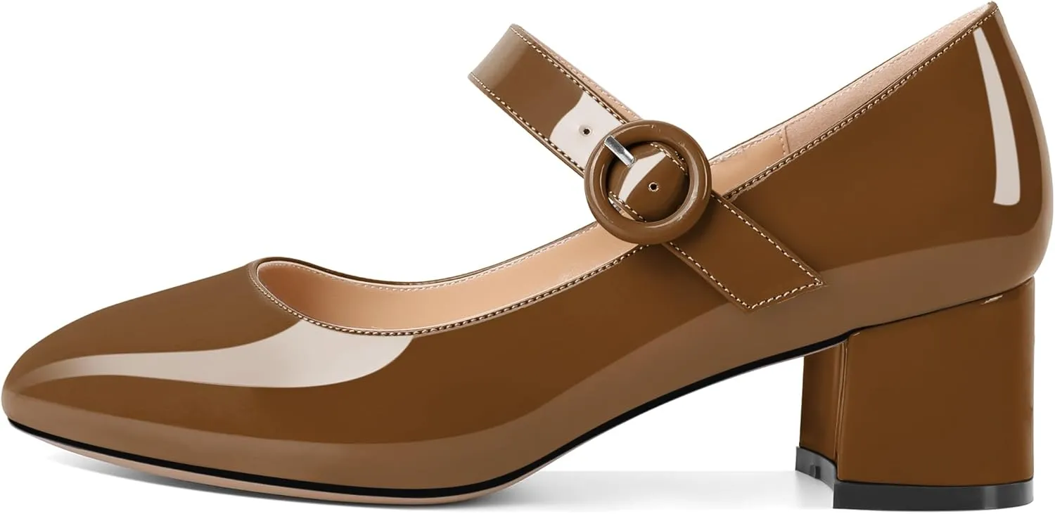 Soireelady Womens Mary Jane Shoes, Chunky Block Heel Pumps, Low Heel Round Closed Toe Heels, Ankle Strap Buckle Comfort Fashion Dress Shoes 2 Inches