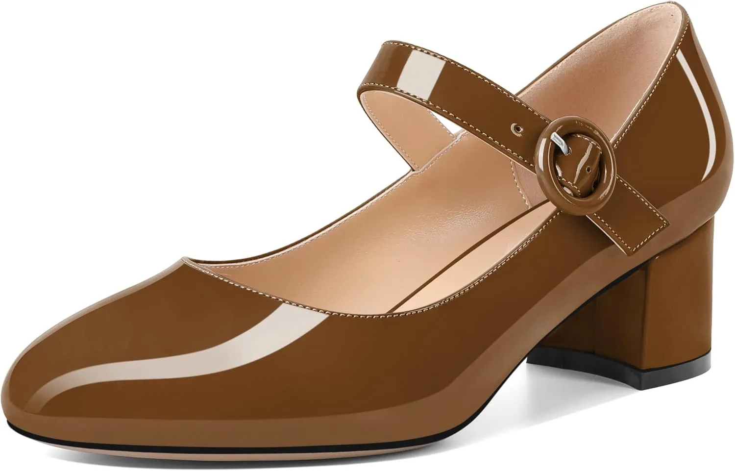 Soireelady Womens Mary Jane Shoes, Chunky Block Heel Pumps, Low Heel Round Closed Toe Heels, Ankle Strap Buckle Comfort Fashion Dress Shoes 2 Inches