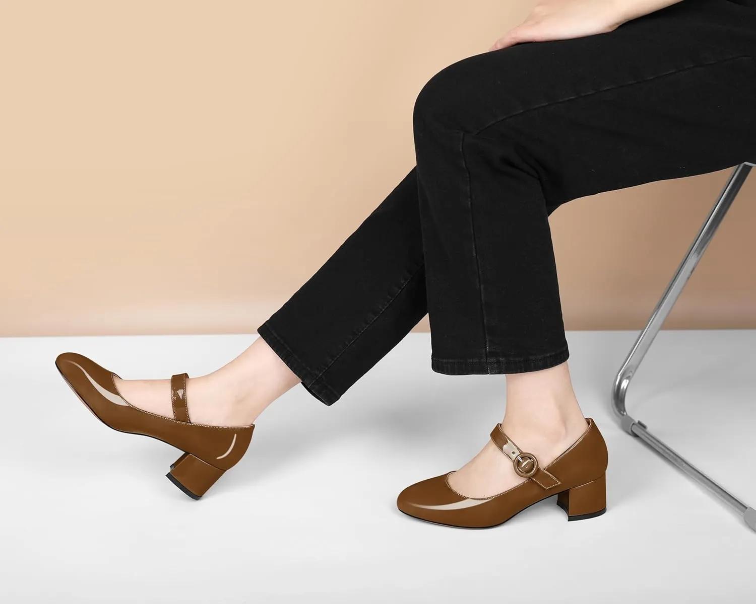 Soireelady Womens Mary Jane Shoes, Chunky Block Heel Pumps, Low Heel Round Closed Toe Heels, Ankle Strap Buckle Comfort Fashion Dress Shoes 2 Inches