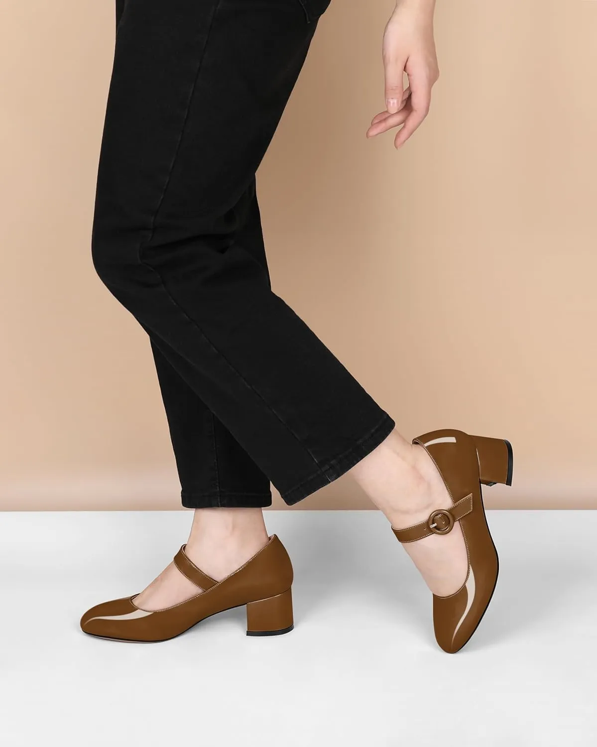 Soireelady Womens Mary Jane Shoes, Chunky Block Heel Pumps, Low Heel Round Closed Toe Heels, Ankle Strap Buckle Comfort Fashion Dress Shoes 2 Inches