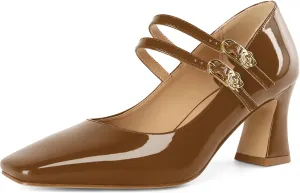 Soireelady Womens Mary Jane Shoes Chunky Block Heel Pumps Square Toe Low Heels Double Strap Buckle Comfort Dress Shoes 2.5 Inches