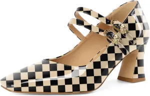 Soireelady Womens Mary Jane Shoes Chunky Block Heel Pumps Square Toe Low Heels Double Strap Buckle Comfort Dress Shoes 2.5 Inches