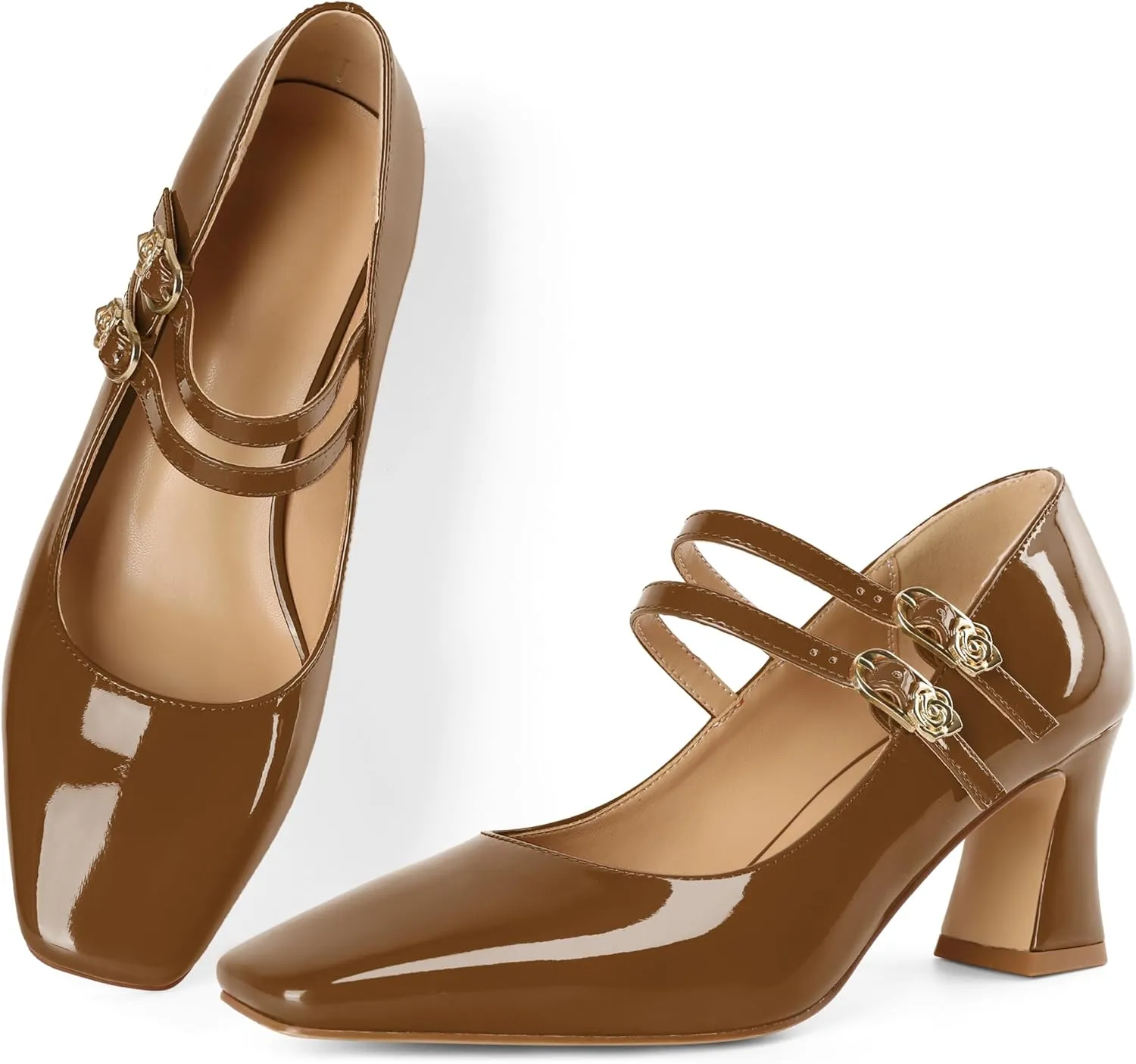 Soireelady Womens Mary Jane Shoes Chunky Block Heel Pumps Square Toe Low Heels Double Strap Buckle Comfort Dress Shoes 2.5 Inches