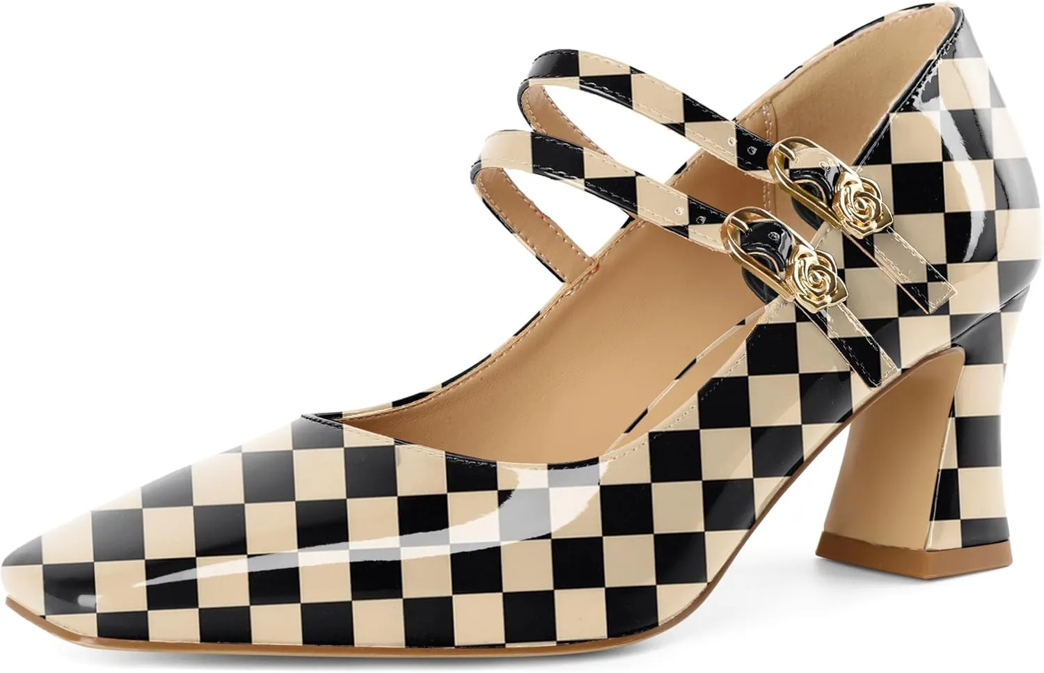 Soireelady Womens Mary Jane Shoes Chunky Block Heel Pumps Square Toe Low Heels Double Strap Buckle Comfort Dress Shoes 2.5 Inches