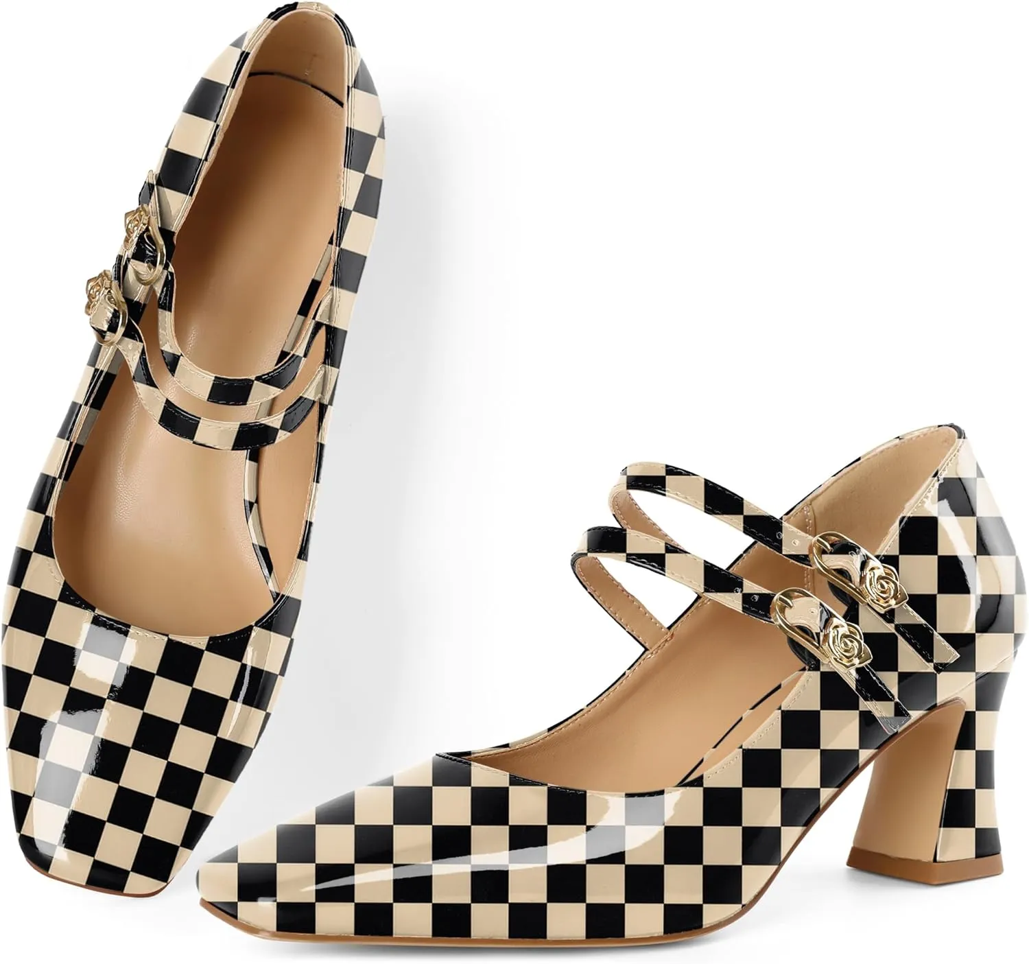 Soireelady Womens Mary Jane Shoes Chunky Block Heel Pumps Square Toe Low Heels Double Strap Buckle Comfort Dress Shoes 2.5 Inches