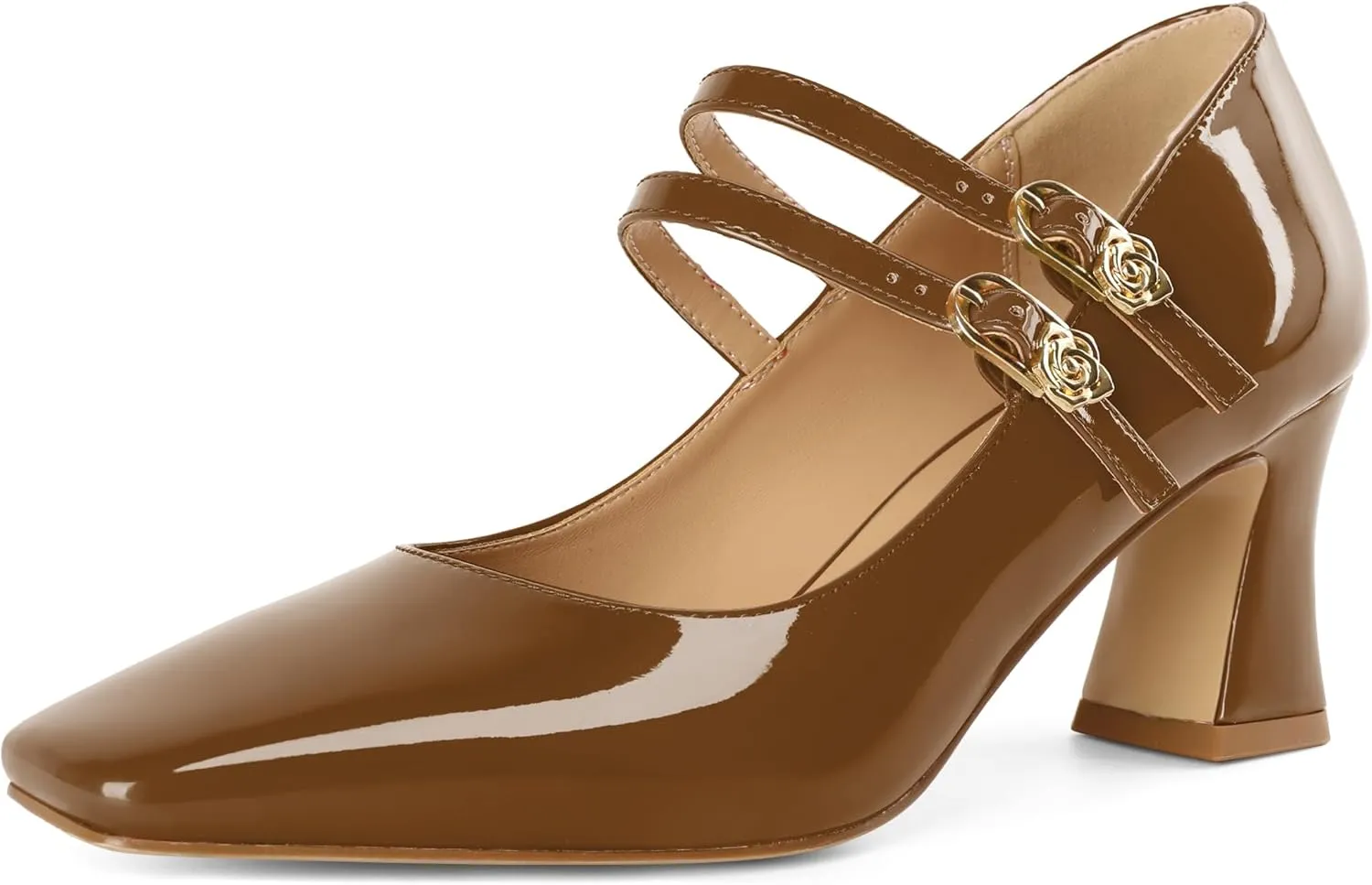 Soireelady Womens Mary Jane Shoes Chunky Block Heel Pumps Square Toe Low Heels Double Strap Buckle Comfort Dress Shoes 2.5 Inches