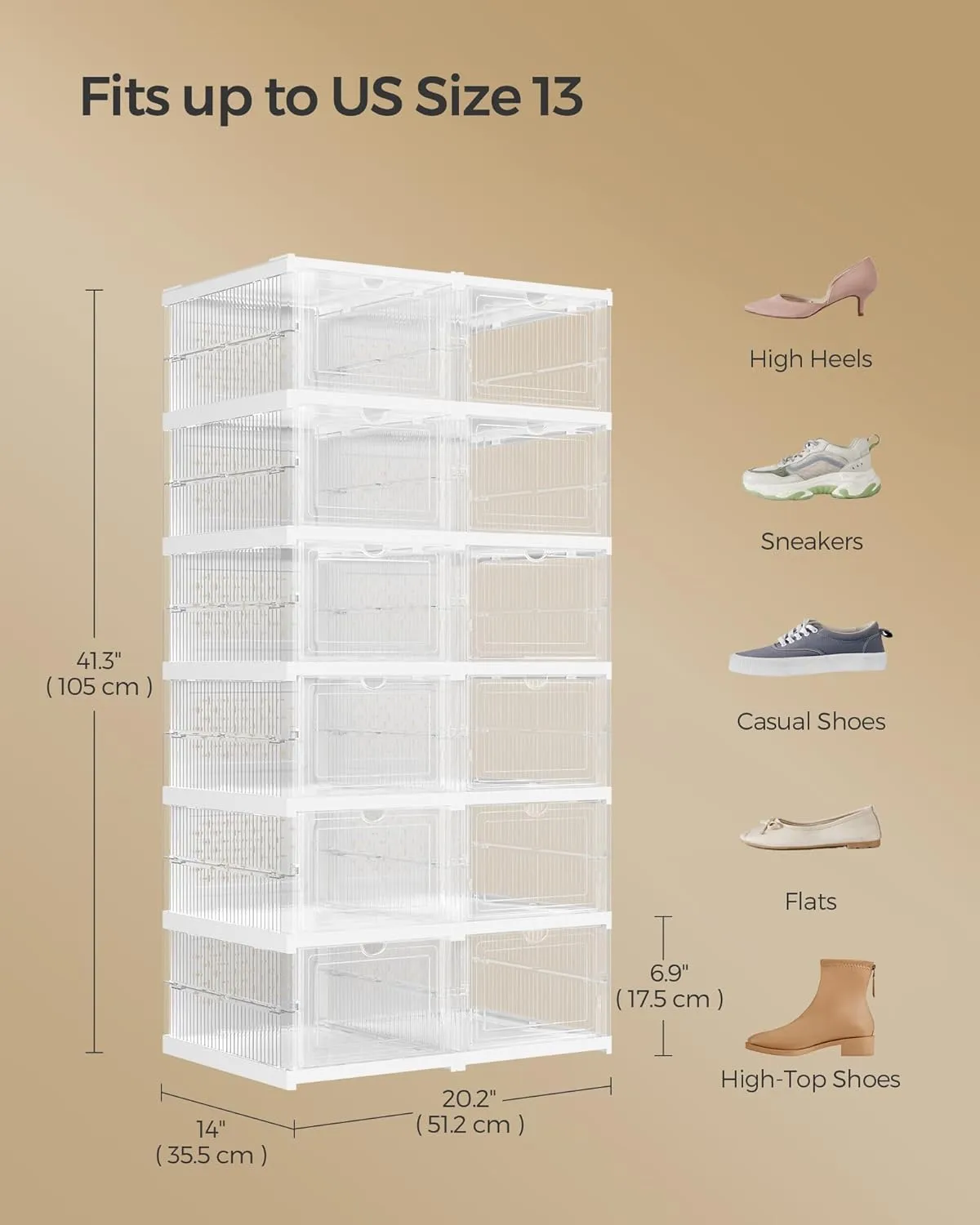 SONGMICS Foldable Shoe Boxes, Pack of 12 Stackable Shoe Storage Organizer, Set of 2 Integraed Shoe Cabinets, Portable, Fit up to US size 13, 60s Assembly, Transparent and Cloud White ULSP206W01
