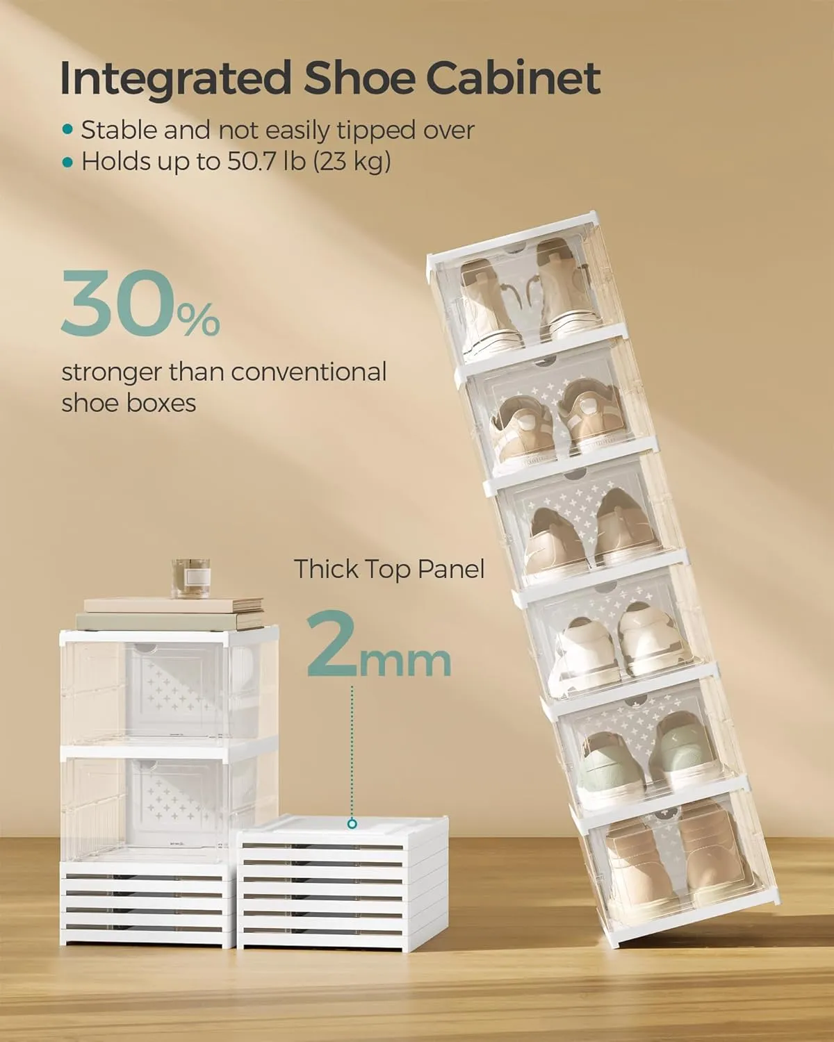 SONGMICS Foldable Shoe Boxes, Pack of 12 Stackable Shoe Storage Organizer, Set of 2 Integraed Shoe Cabinets, Portable, Fit up to US size 13, 60s Assembly, Transparent and Cloud White ULSP206W01