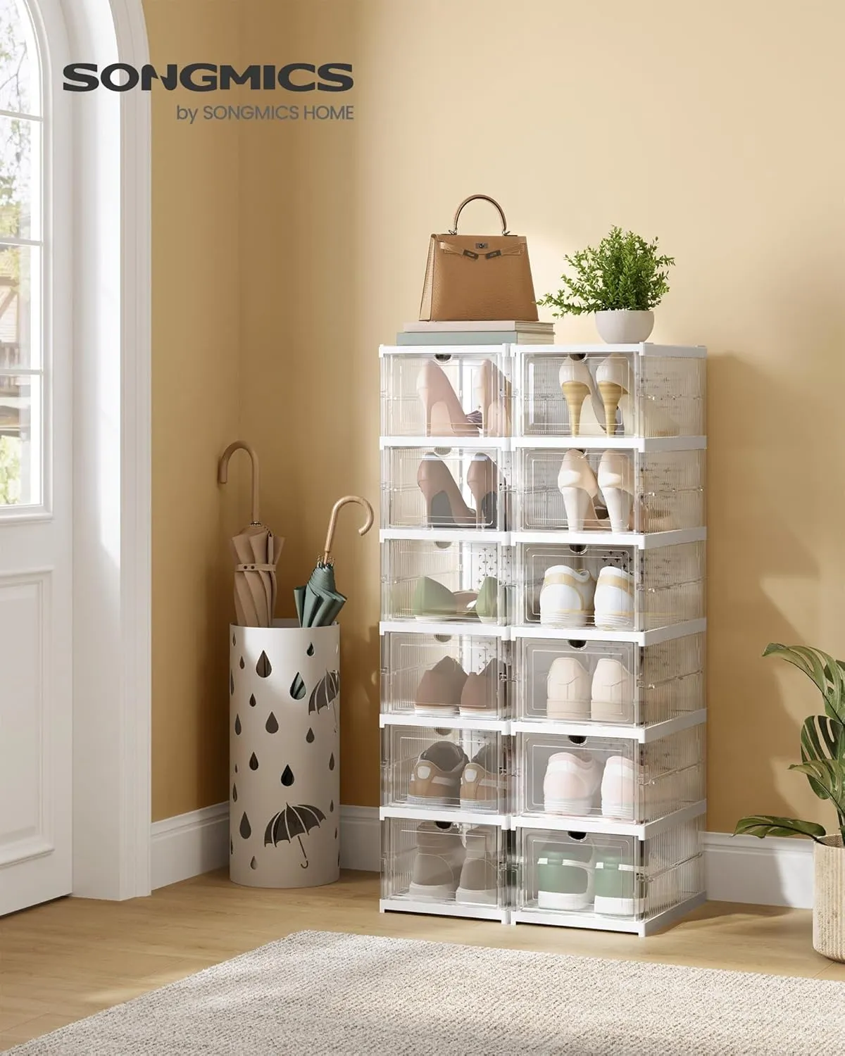 SONGMICS Foldable Shoe Boxes, Pack of 12 Stackable Shoe Storage Organizer, Set of 2 Integraed Shoe Cabinets, Portable, Fit up to US size 13, 60s Assembly, Transparent and Cloud White ULSP206W01