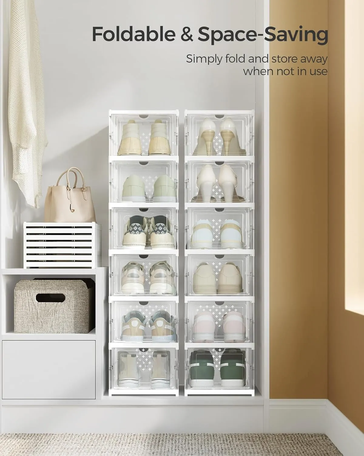 SONGMICS Foldable Shoe Boxes, Pack of 12 Stackable Shoe Storage Organizer, Set of 2 Integraed Shoe Cabinets, Portable, Fit up to US size 13, 60s Assembly, Transparent and Cloud White ULSP206W01