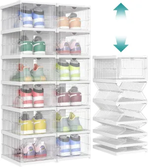 SONGMICS Foldable Shoe Boxes, Pack of 12 Stackable Shoe Storage Organizer, Set of 2 Integraed Shoe Cabinets, Portable, Fit up to US size 13, 60s Assembly, Transparent and Cloud White ULSP206W01