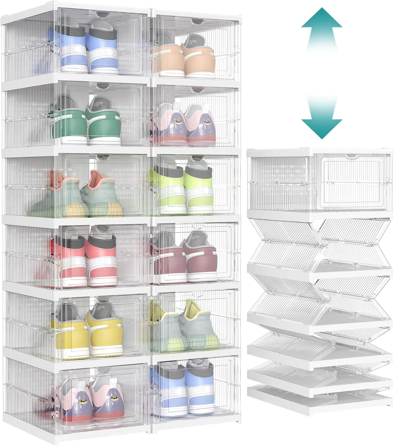 SONGMICS Foldable Shoe Boxes, Pack of 12 Stackable Shoe Storage Organizer, Set of 2 Integraed Shoe Cabinets, Portable, Fit up to US size 13, 60s Assembly, Transparent and Cloud White ULSP206W01