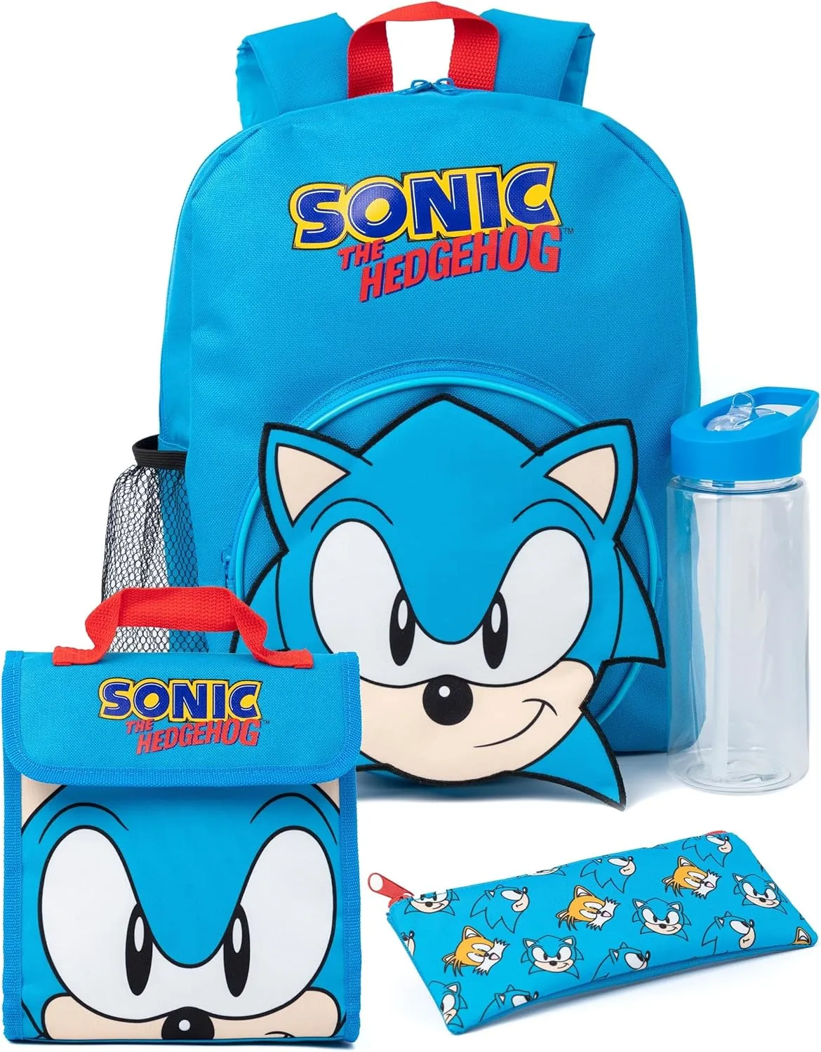 Sonic The Hedgehog Boys Backpack Set | Kids 4 Piece Blue Rucksack Set with School Bag, Pencil Case, Lunch Bag & Water Bottle | Sonic Gamer Complete Matching Bundle | Back to School Gifts for Children,