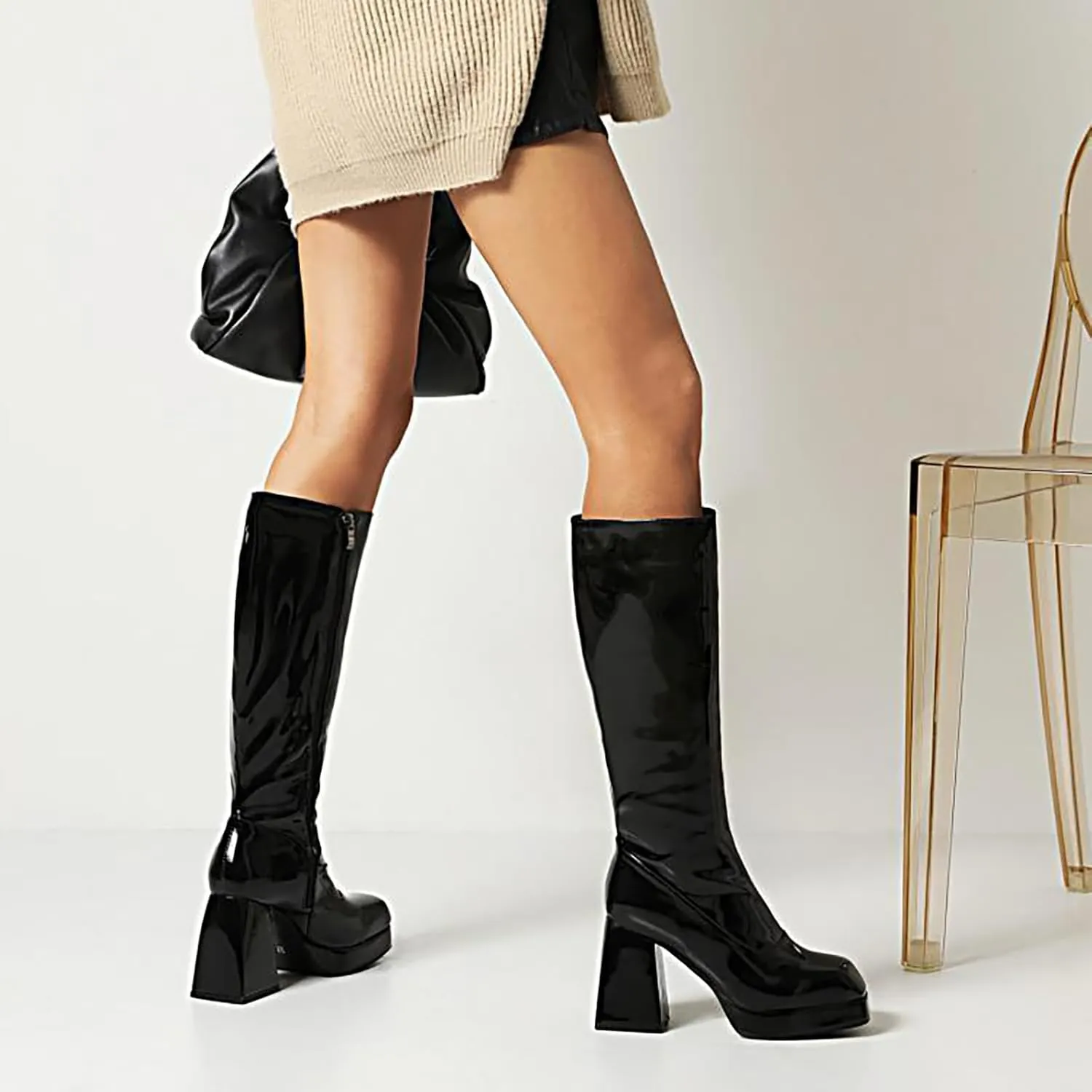 SOVANYOU Black Leather Boots Platform Boots for Women Square Toe Chunky Block Heeled Boots