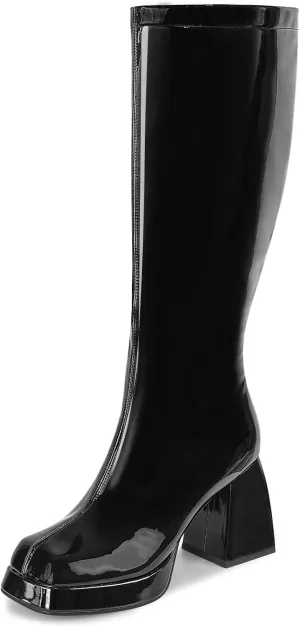SOVANYOU Black Leather Boots Platform Boots for Women Square Toe Chunky Block Heeled Boots
