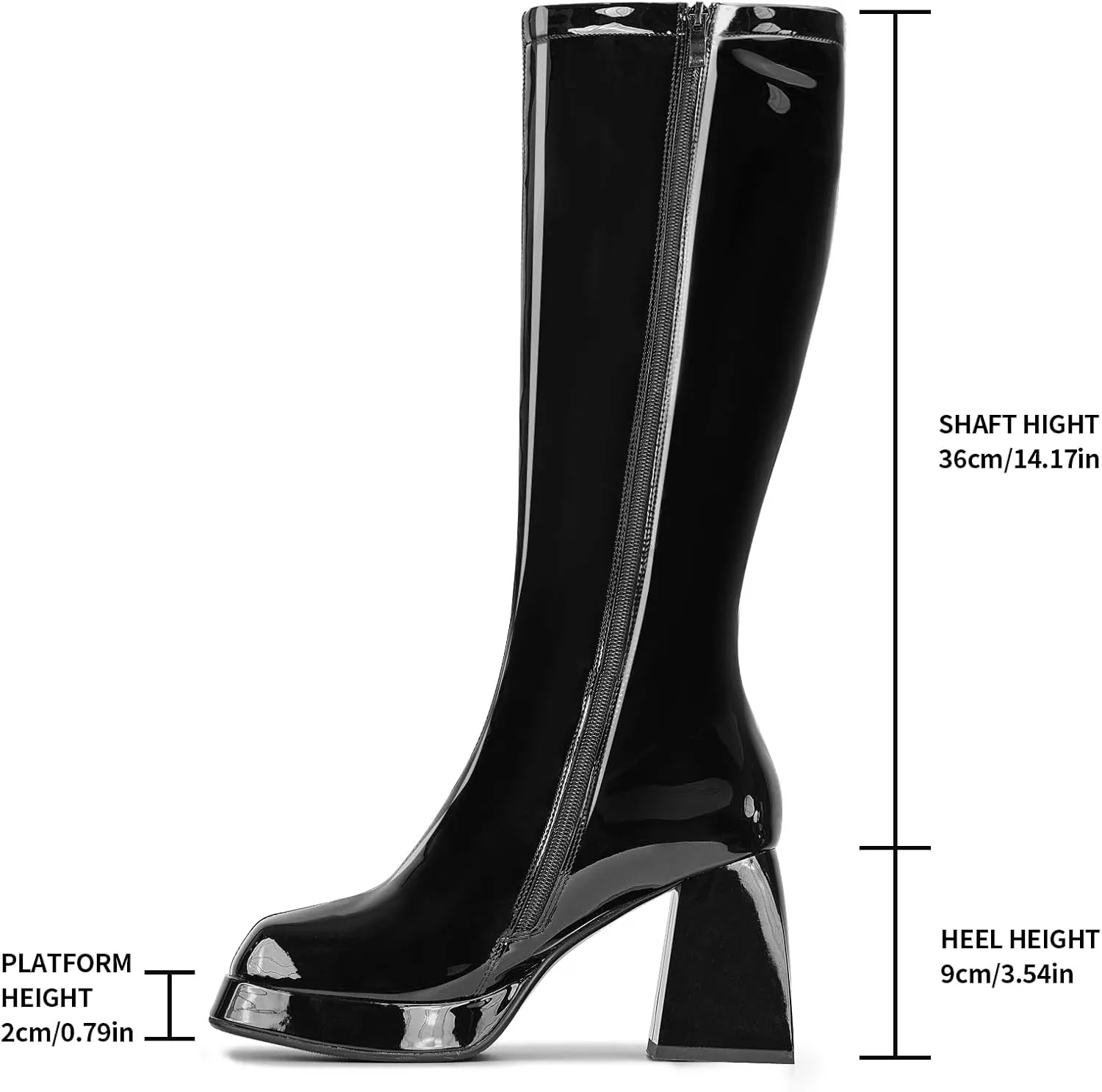 SOVANYOU Black Leather Boots Platform Boots for Women Square Toe Chunky Block Heeled Boots