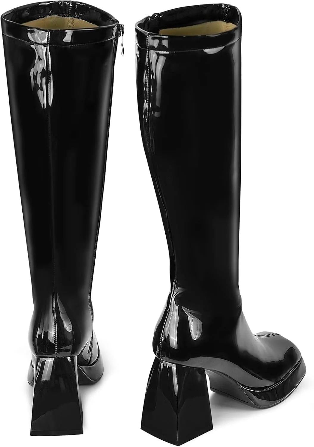 SOVANYOU Black Leather Boots Platform Boots for Women Square Toe Chunky Block Heeled Boots