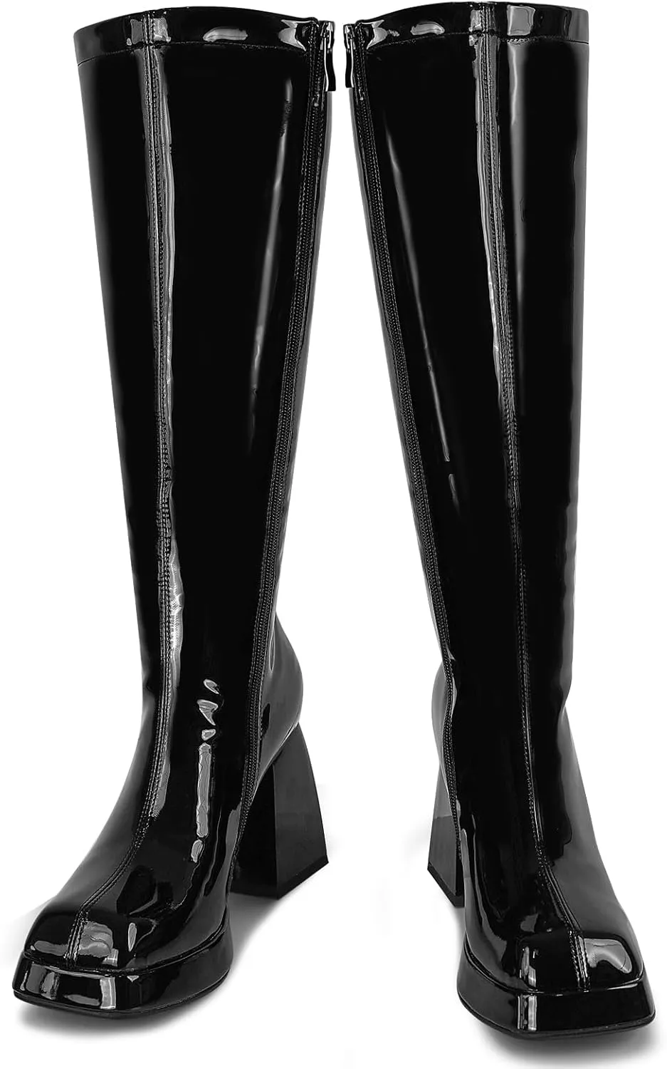 SOVANYOU Black Leather Boots Platform Boots for Women Square Toe Chunky Block Heeled Boots