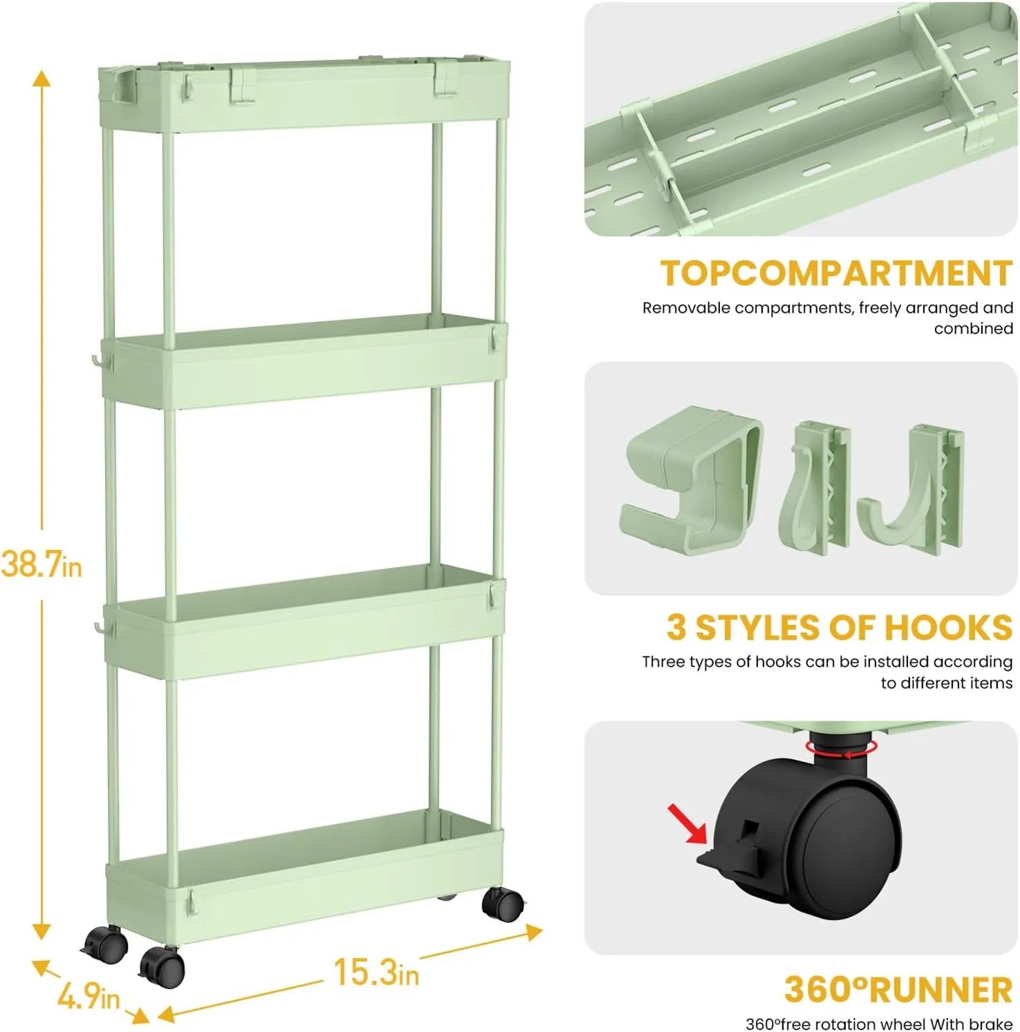 SPACELEAD Slim Storage Cart 4 Tier,Bathroom Organizer Rolling Utility,Mobile Shelving Unit Slide Out for Office, Kitchen, Laundry Room & Narrow Places，Green