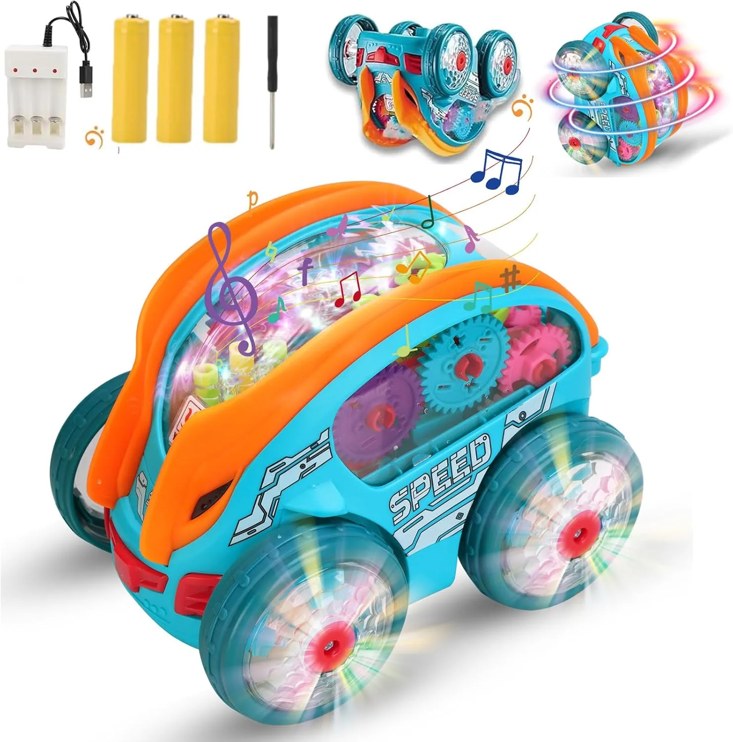 Speedlite Dynamic Gear-Powered Car with Led Lights, Children's Transparent Luminous Toy Car, Speedlite Toy Car, Bump and Go Toy Cars with Colorful Moving Gears Suitable for Boys Girls