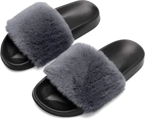 Spesoul Womens Fuzzy Slides Open Toe Furry Slide Slippers Indoor Outdoor Slides Sandals Casual Flat Fluffy House Slippers