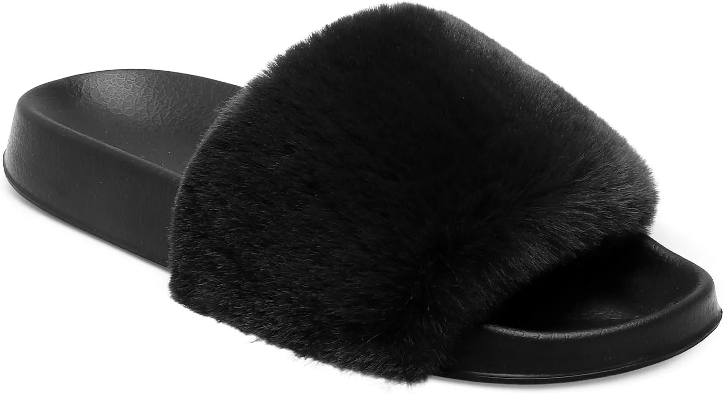 Spesoul Womens Fuzzy Slides Open Toe Furry Slide Slippers Indoor Outdoor Slides Sandals Casual Flat Fluffy House Slippers
