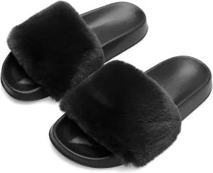 Spesoul Womens Fuzzy Slides Open Toe Furry Slide Slippers Indoor Outdoor Slides Sandals Casual Flat Fluffy House Slippers