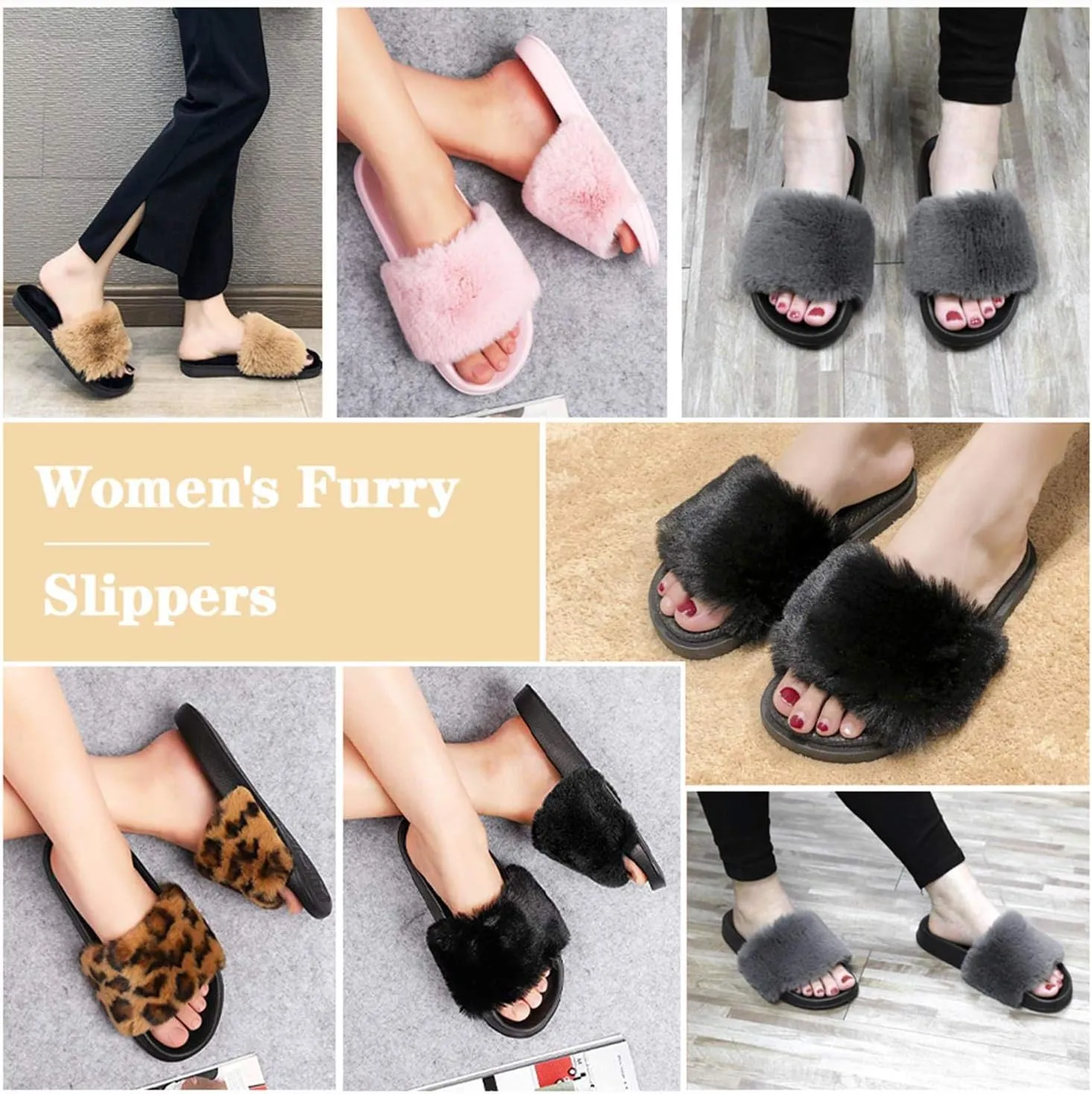Spesoul Womens Fuzzy Slides Open Toe Furry Slide Slippers Indoor Outdoor Slides Sandals Casual Flat Fluffy House Slippers