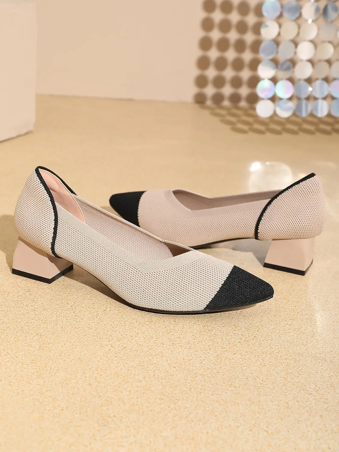 Splicing Pointed Toe Block Pumps for Women Two Tone Slip-on Low Chunky Knit Heels Women's Daily Casual Work Office Knitted Shoes Comfortable Breathable 1.57 Inch