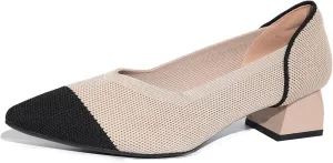 Splicing Pointed Toe Block Pumps for Women Two Tone Slip-on Low Chunky Knit Heels Women's Daily Casual Work Office Knitted Shoes Comfortable Breathable 1.57 Inch