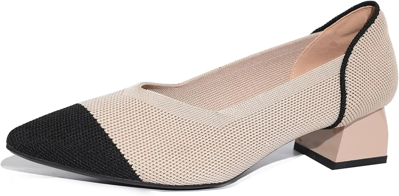 Splicing Pointed Toe Block Pumps for Women Two Tone Slip-on Low Chunky Knit Heels Women's Daily Casual Work Office Knitted Shoes Comfortable Breathable 1.57 Inch
