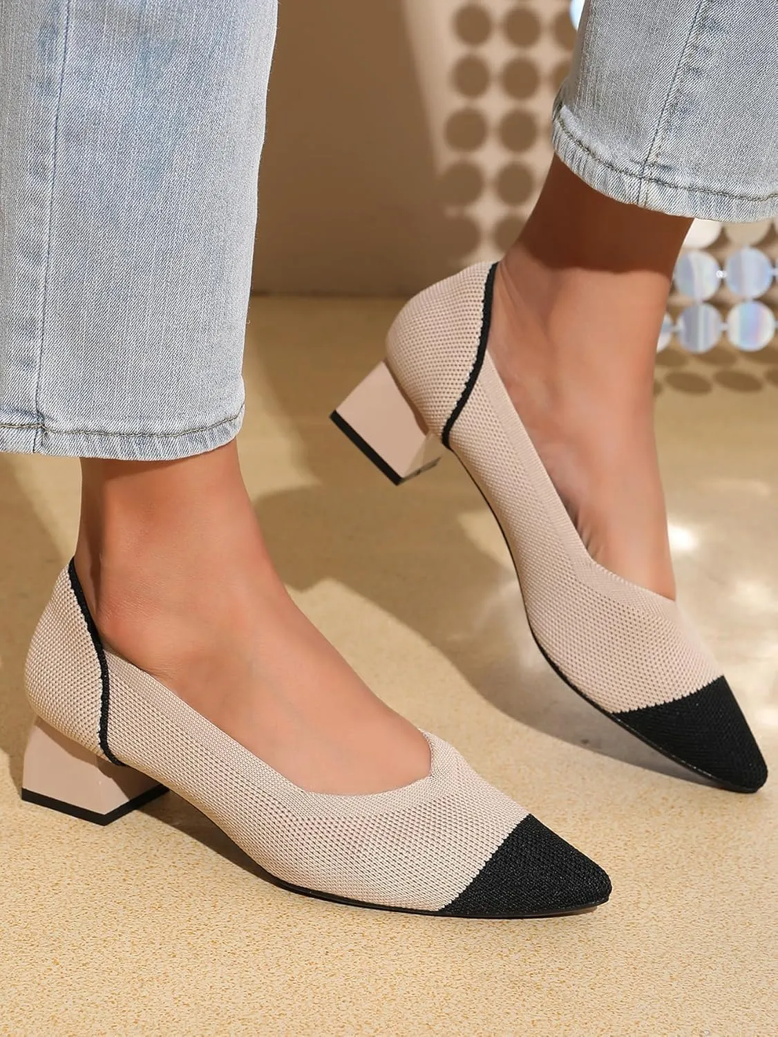 Splicing Pointed Toe Block Pumps for Women Two Tone Slip-on Low Chunky Knit Heels Women's Daily Casual Work Office Knitted Shoes Comfortable Breathable 1.57 Inch