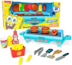 SpongeBob SquarePants Krusty Krab Toy Grill for Kids Lights & Sounds Krabby Patty Burgers, Kelp Fries, Pretend Plastic BBQ Cooking Toys for Toddlers