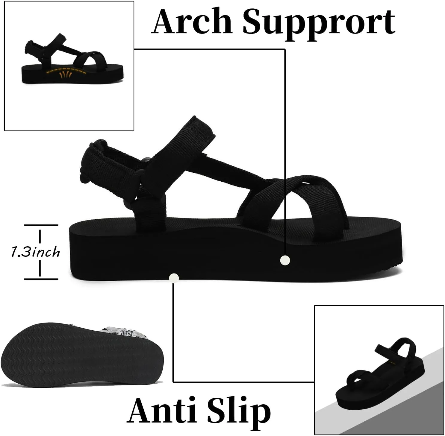 Sport Walking Water Sandals for Women with Arch Support & Adjustable Straps Platform Sandals Women Height Increase