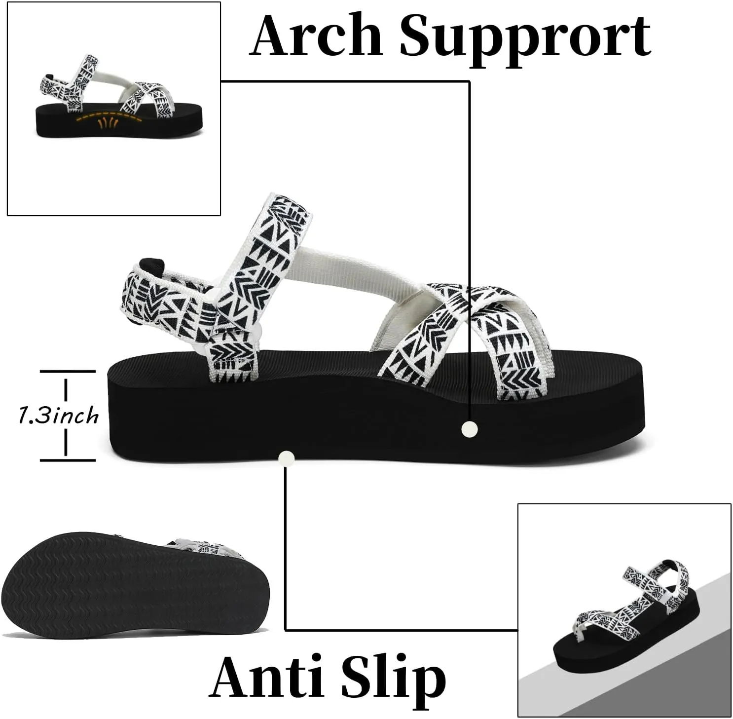 Sport Walking Water Sandals for Women with Arch Support & Adjustable Straps Platform Sandals Women Height Increase