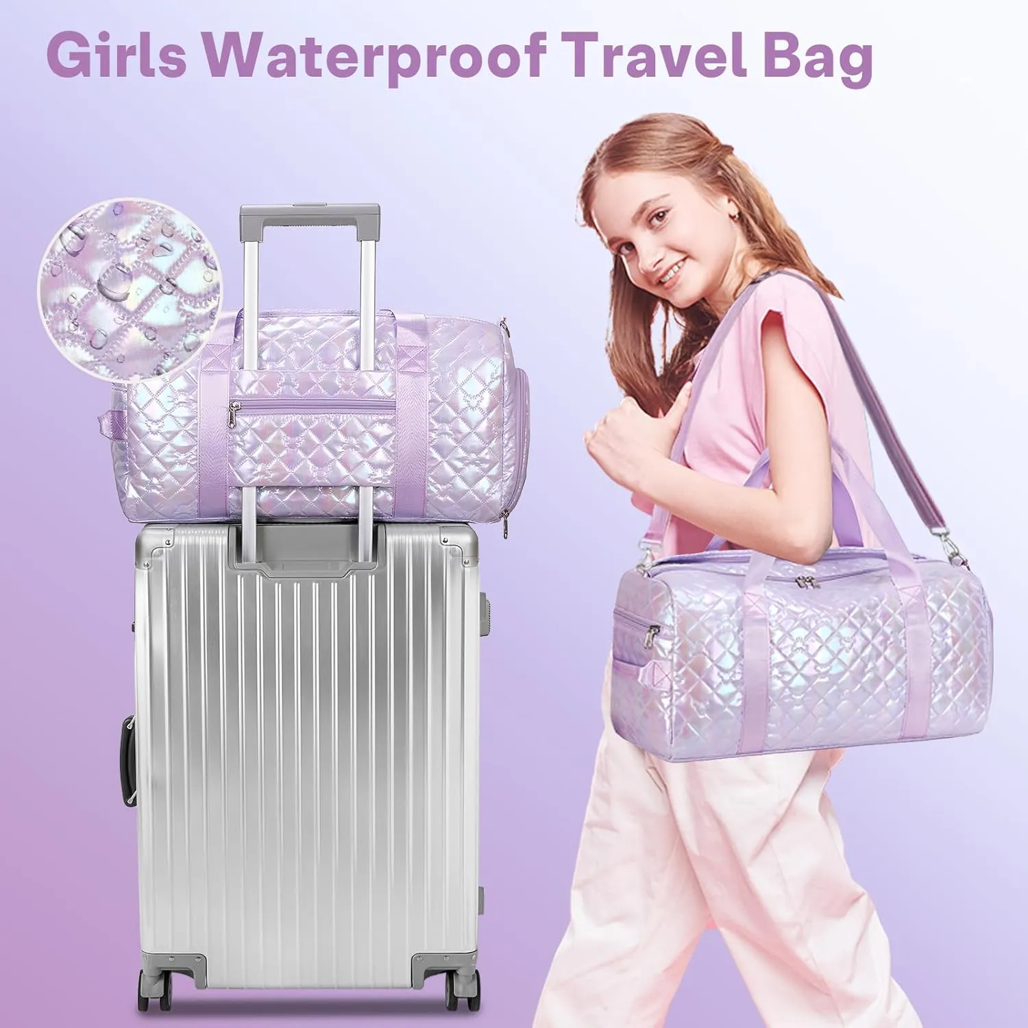 Sports Duffle Bag for Girls, Flash Purple Dance Ballet Bag with Shoe Compartment, Multifunctional Travel Overnight Weekender with Waterproof Foldable Design
