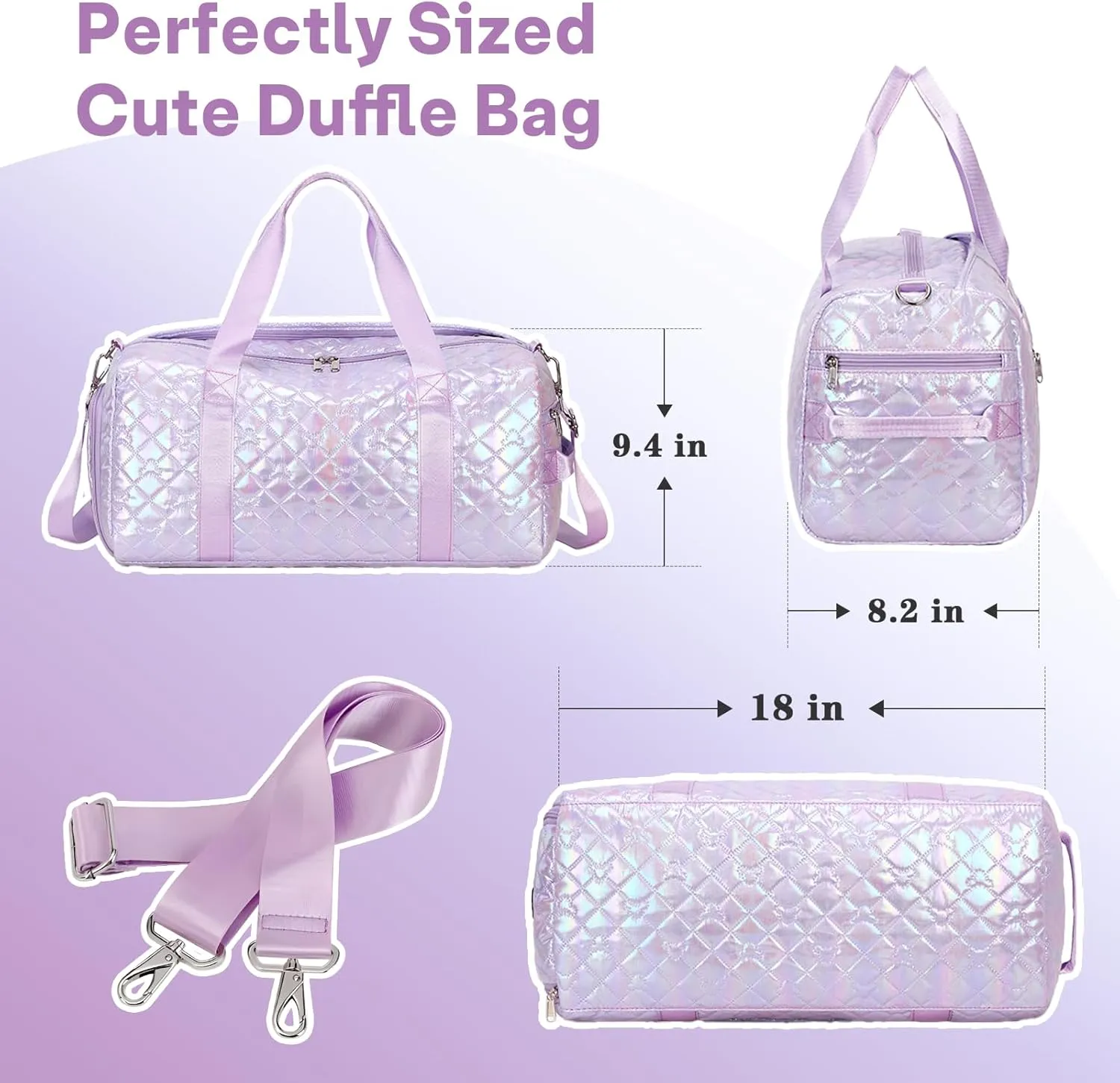 Sports Duffle Bag for Girls, Flash Purple Dance Ballet Bag with Shoe Compartment, Multifunctional Travel Overnight Weekender with Waterproof Foldable Design