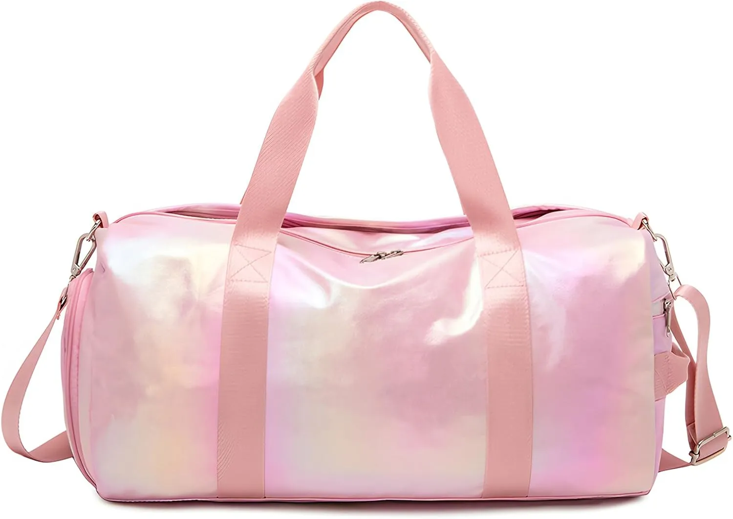 Sports Duffle Bag for Girls, Metallic Pink Dance Ballet Bag with Shoe Compartment, Multifunctional Travel Overnight Weekender with Waterproof Foldable Design