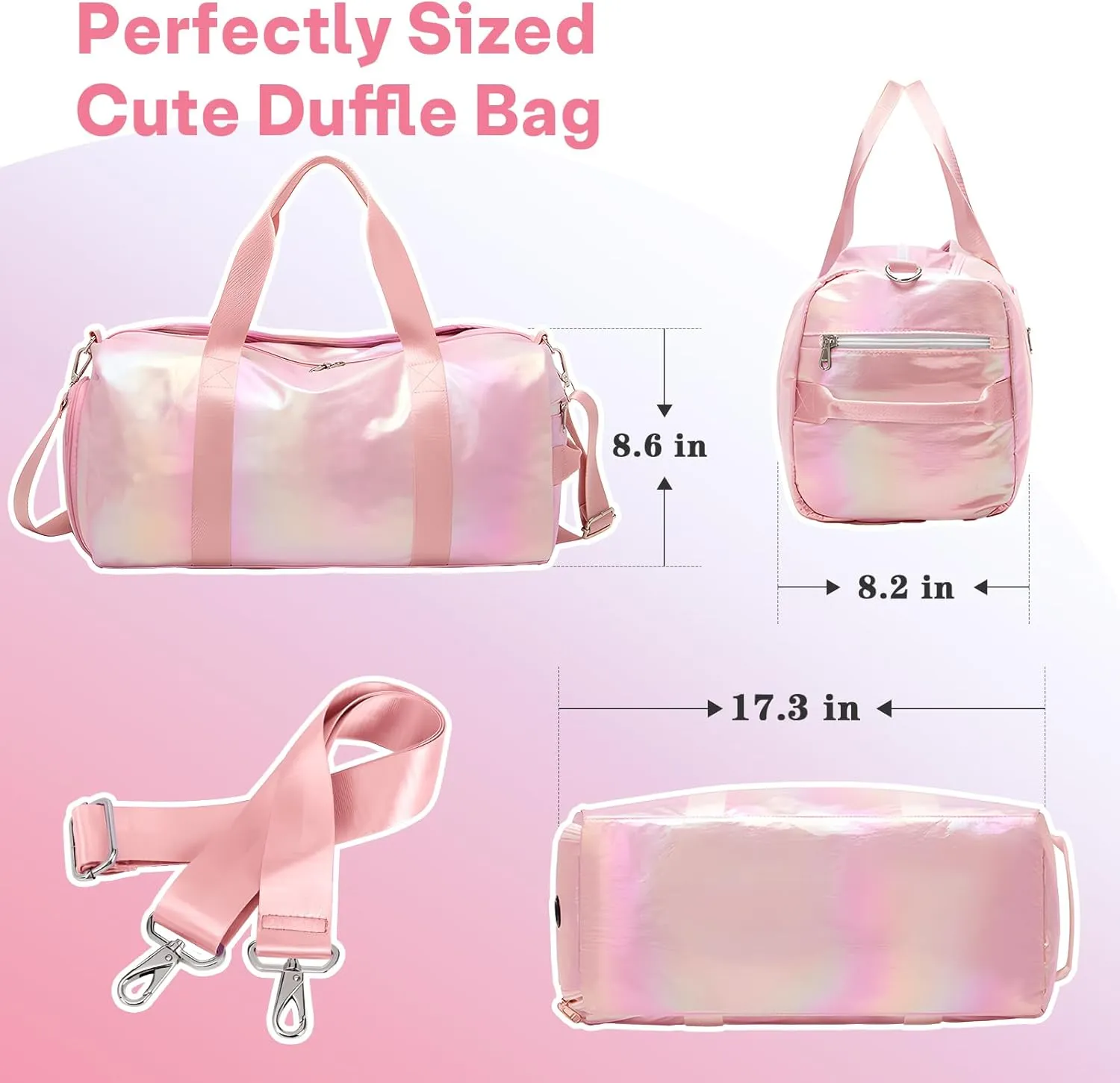 Sports Duffle Bag for Girls, Metallic Pink Dance Ballet Bag with Shoe Compartment, Multifunctional Travel Overnight Weekender with Waterproof Foldable Design
