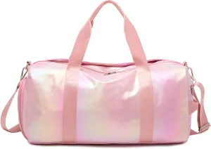 Sports Duffle Bag for Girls, Metallic Pink Dance Ballet Bag with Shoe Compartment, Multifunctional Travel Overnight Weekender with Waterproof Foldable Design