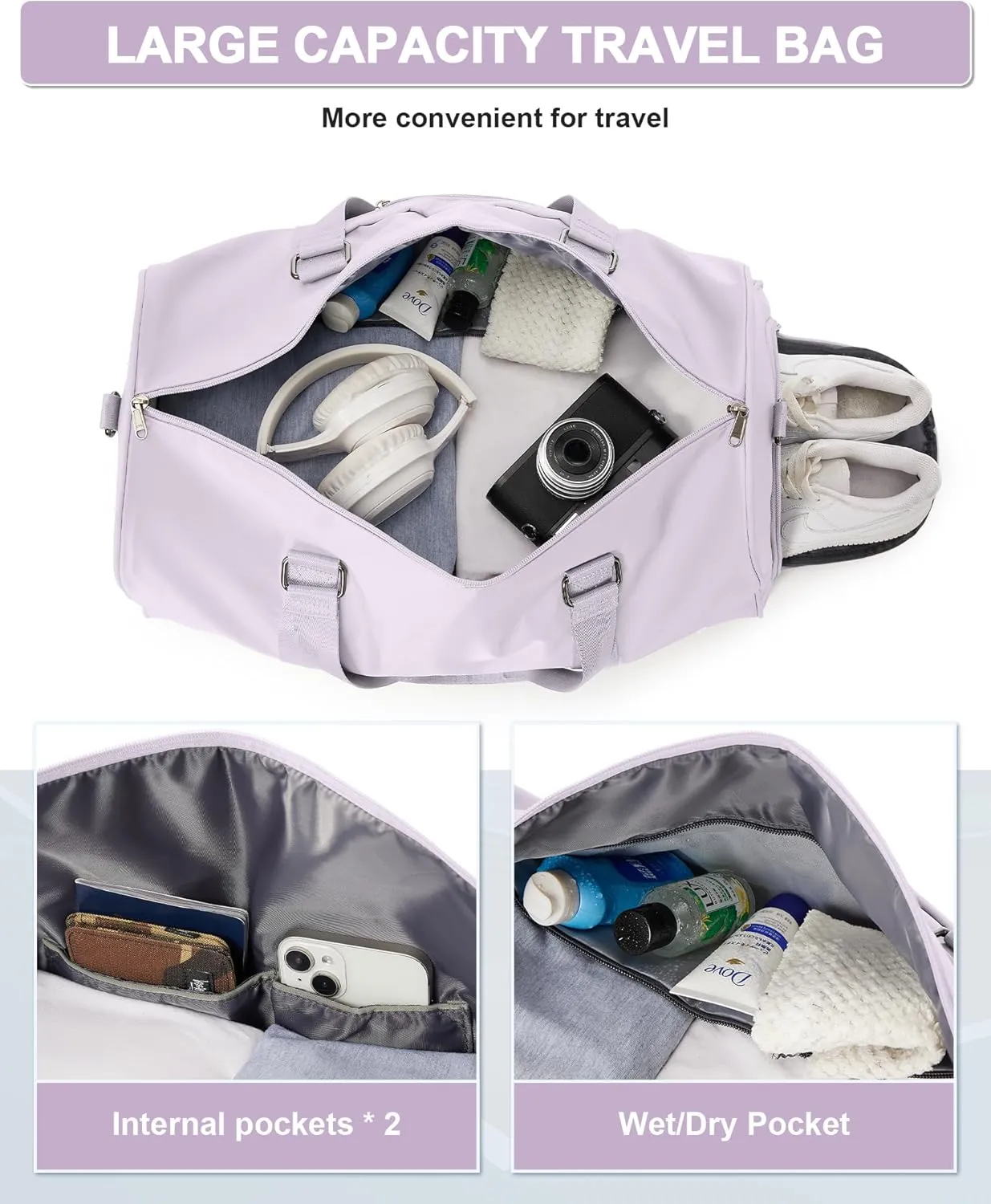 Sports Gym Bag for Women Men, Travel Duffle Bag Personal Item Travel Bag for Airplane, Waterproof Weekender Bag Carry On Tote Bags Overnight Bag with Shoes Compartment and Wet Pocket, Purple