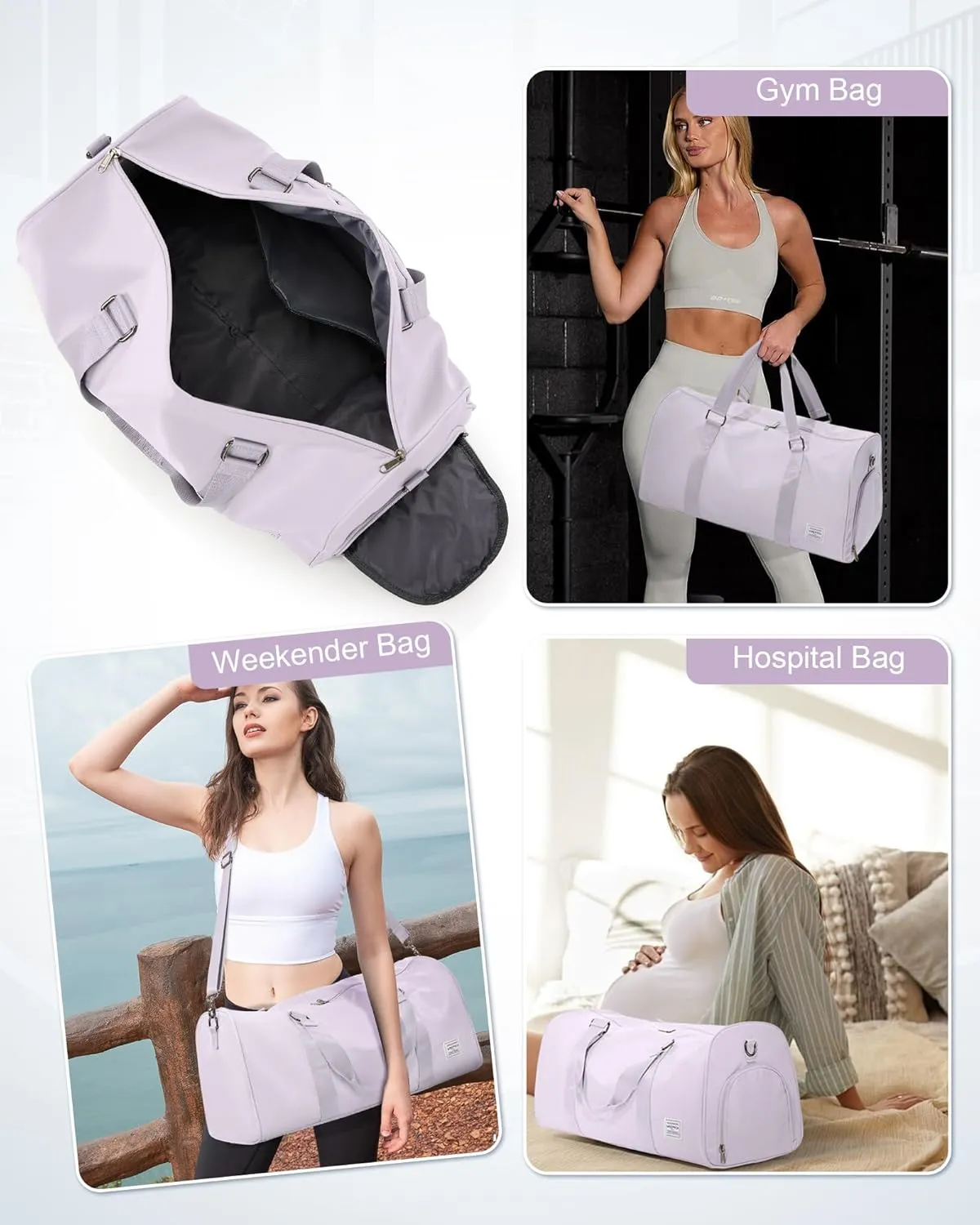 Sports Gym Bag for Women Men, Travel Duffle Bag Personal Item Travel Bag for Airplane, Waterproof Weekender Bag Carry On Tote Bags Overnight Bag with Shoes Compartment and Wet Pocket, Purple