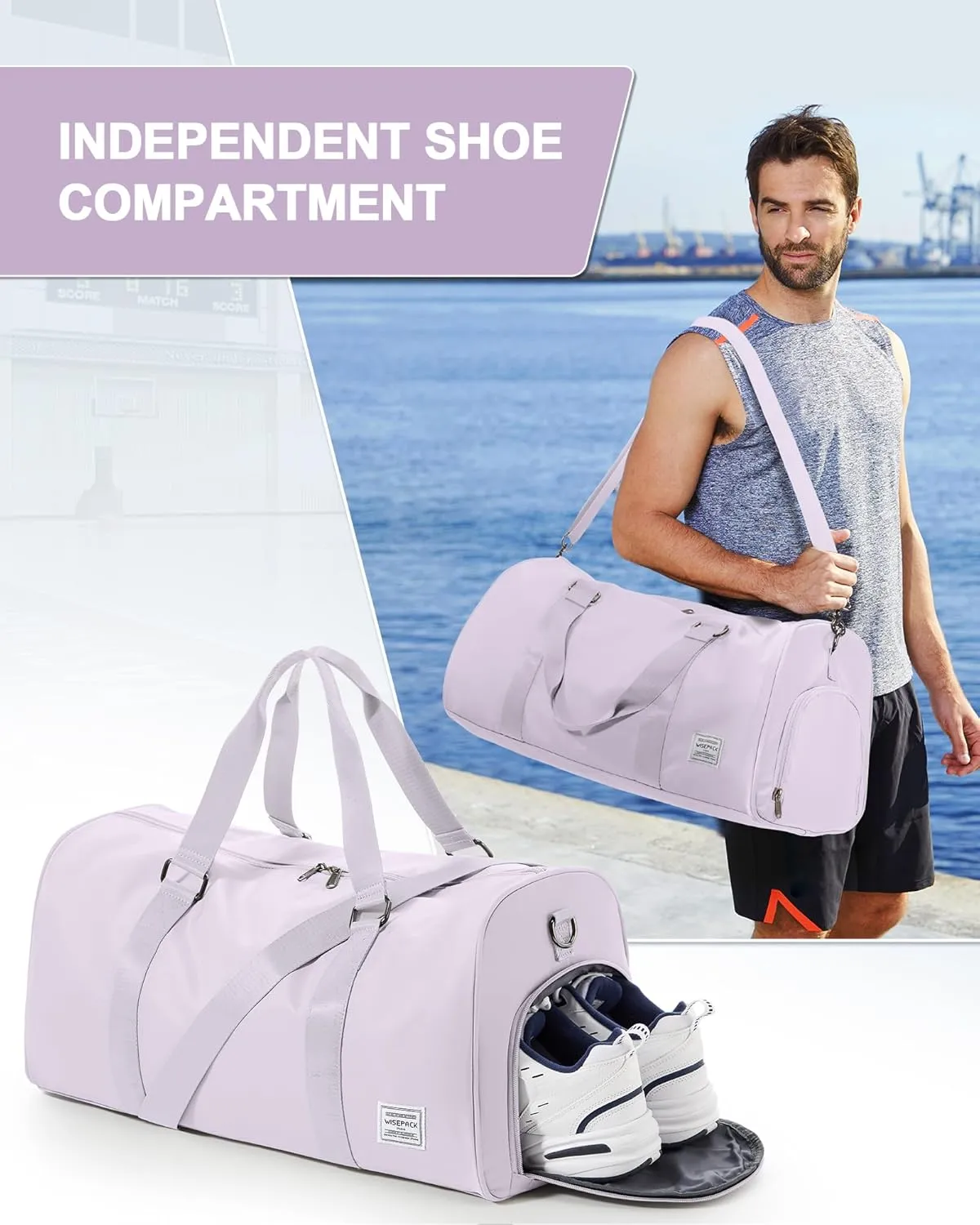 Sports Gym Bag for Women Men, Travel Duffle Bag Personal Item Travel Bag for Airplane, Waterproof Weekender Bag Carry On Tote Bags Overnight Bag with Shoes Compartment and Wet Pocket, Purple