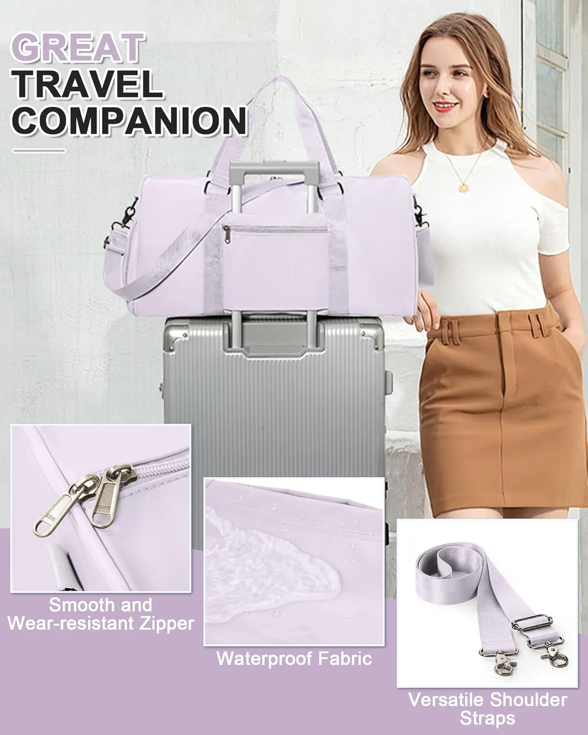 Sports Gym Bag for Women Men, Travel Duffle Bag Personal Item Travel Bag for Airplane, Waterproof Weekender Bag Carry On Tote Bags Overnight Bag with Shoes Compartment and Wet Pocket, Purple