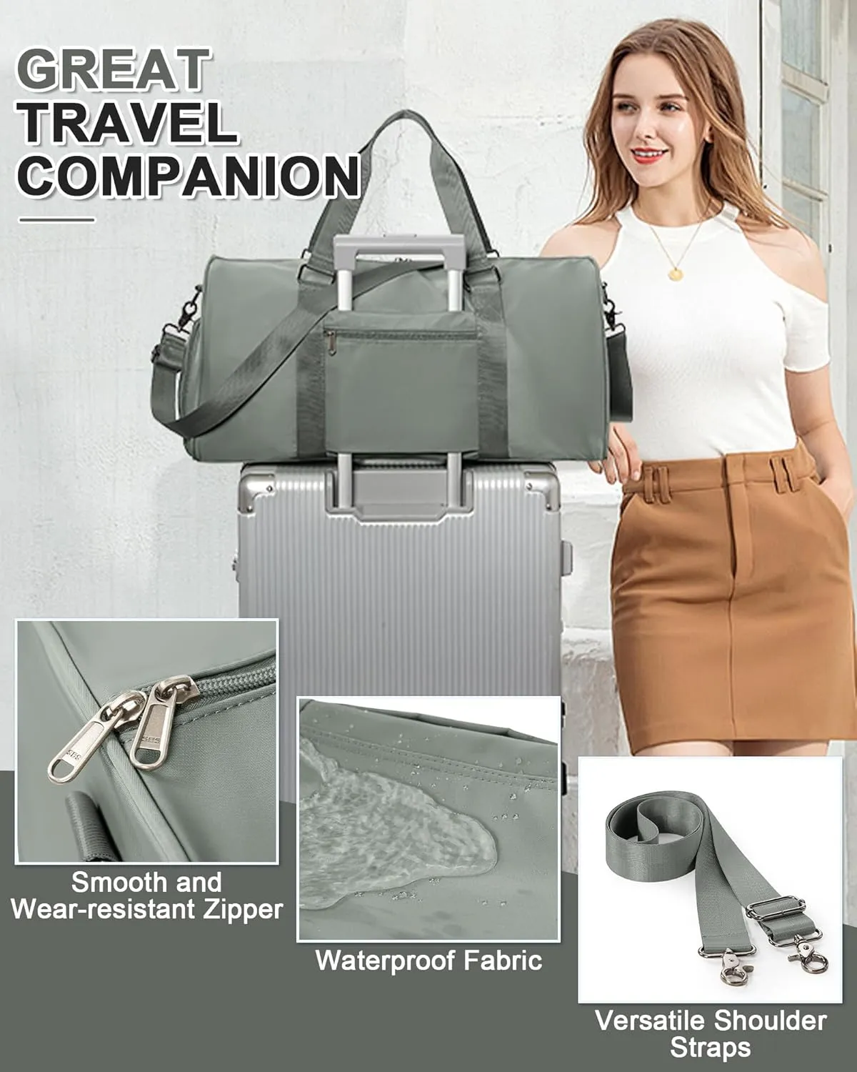 Sports Gym Bag for Women Men, Travel Duffle Bag Personal Item Travel Bag for Airplane, Waterproof Weekender Bag Carry On Tote Bags Overnight Bag with Shoes Compartment and Wet Pocket, Sage Green
