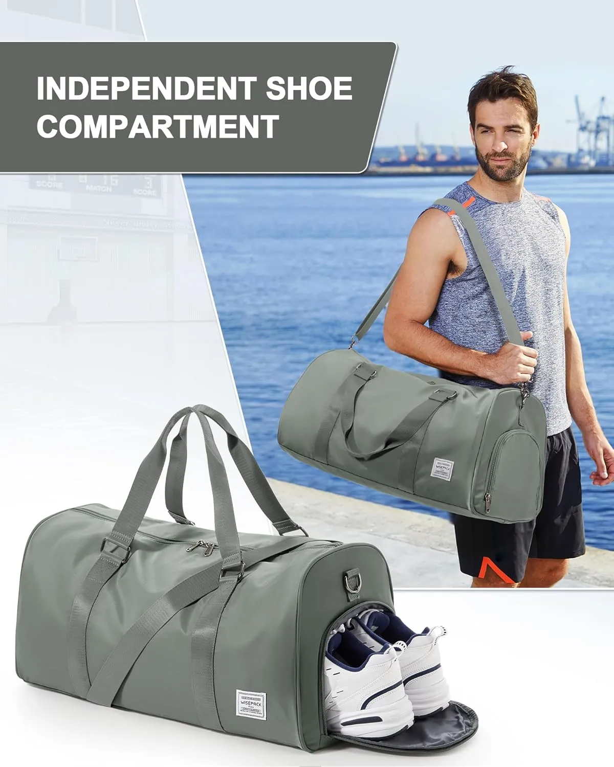 Sports Gym Bag for Women Men, Travel Duffle Bag Personal Item Travel Bag for Airplane, Waterproof Weekender Bag Carry On Tote Bags Overnight Bag with Shoes Compartment and Wet Pocket, Sage Green