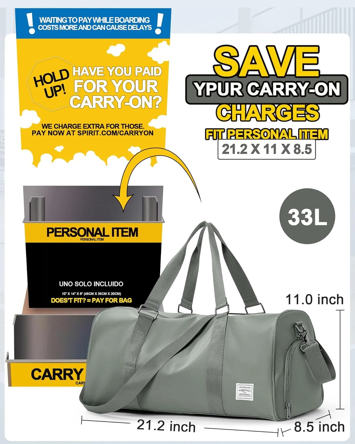 Sports Gym Bag for Women Men, Travel Duffle Bag Personal Item Travel Bag for Airplane, Waterproof Weekender Bag Carry On Tote Bags Overnight Bag with Shoes Compartment and Wet Pocket, Sage Green