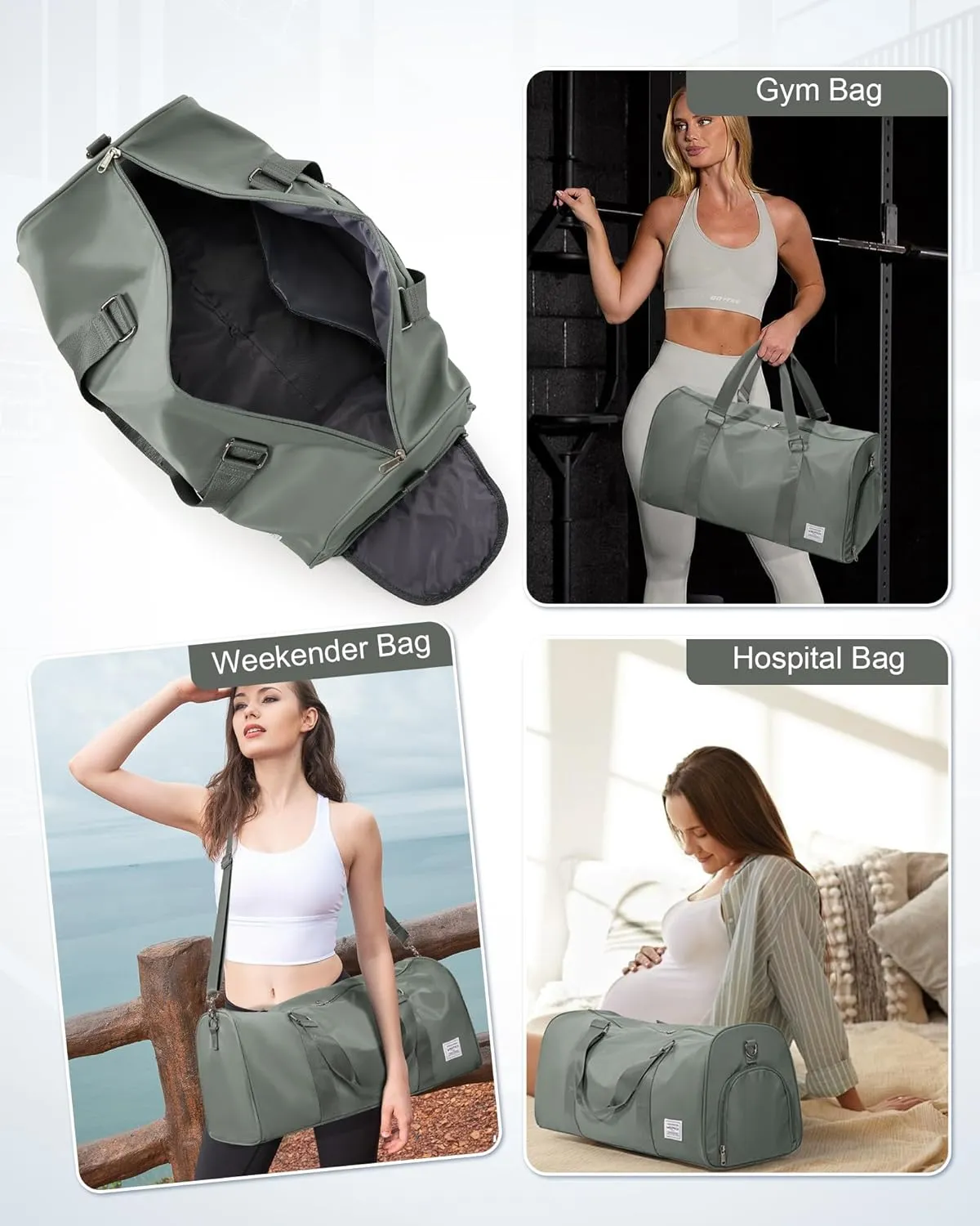 Sports Gym Bag for Women Men, Travel Duffle Bag Personal Item Travel Bag for Airplane, Waterproof Weekender Bag Carry On Tote Bags Overnight Bag with Shoes Compartment and Wet Pocket, Sage Green