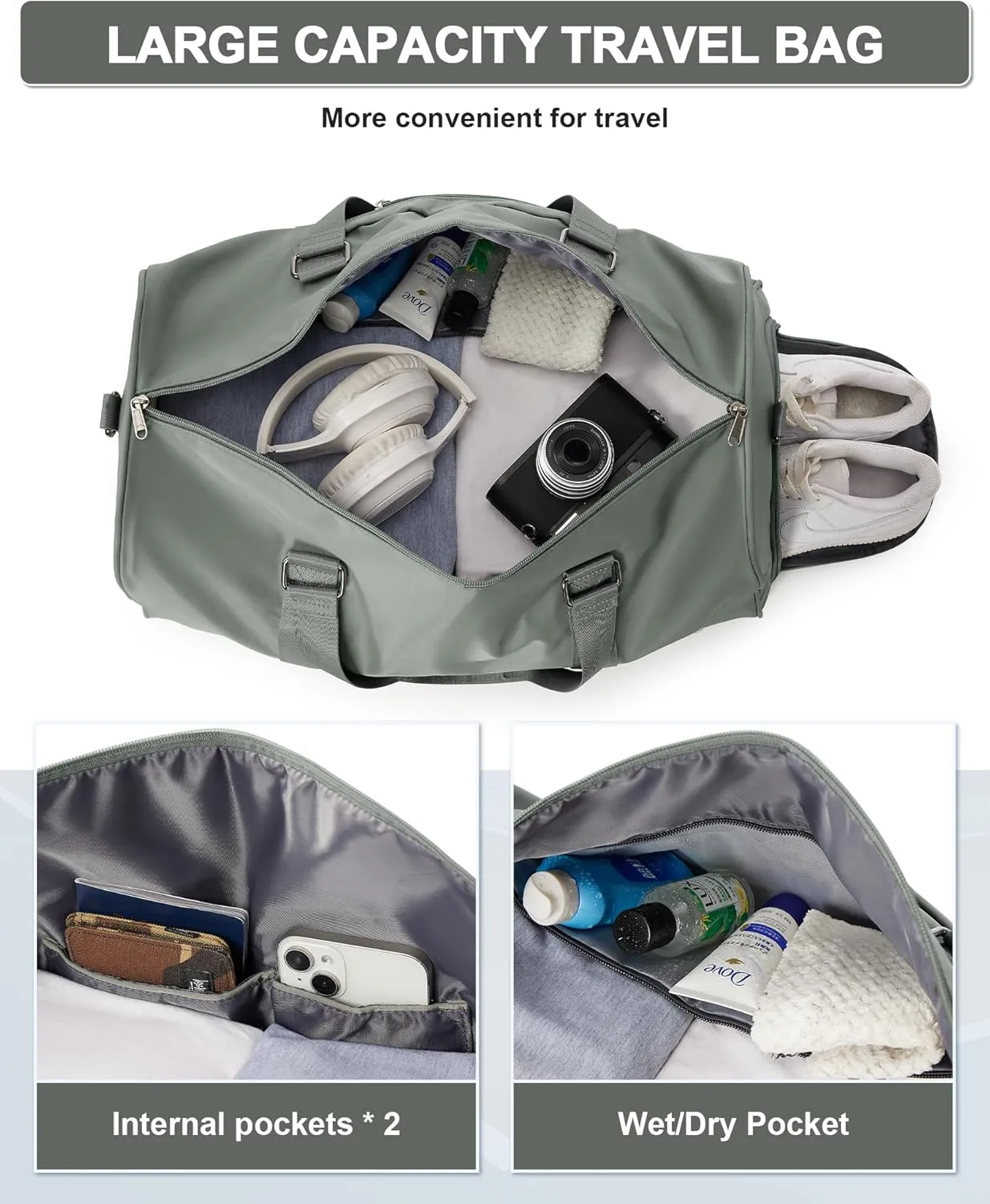 Sports Gym Bag for Women Men, Travel Duffle Bag Personal Item Travel Bag for Airplane, Waterproof Weekender Bag Carry On Tote Bags Overnight Bag with Shoes Compartment and Wet Pocket, Sage Green